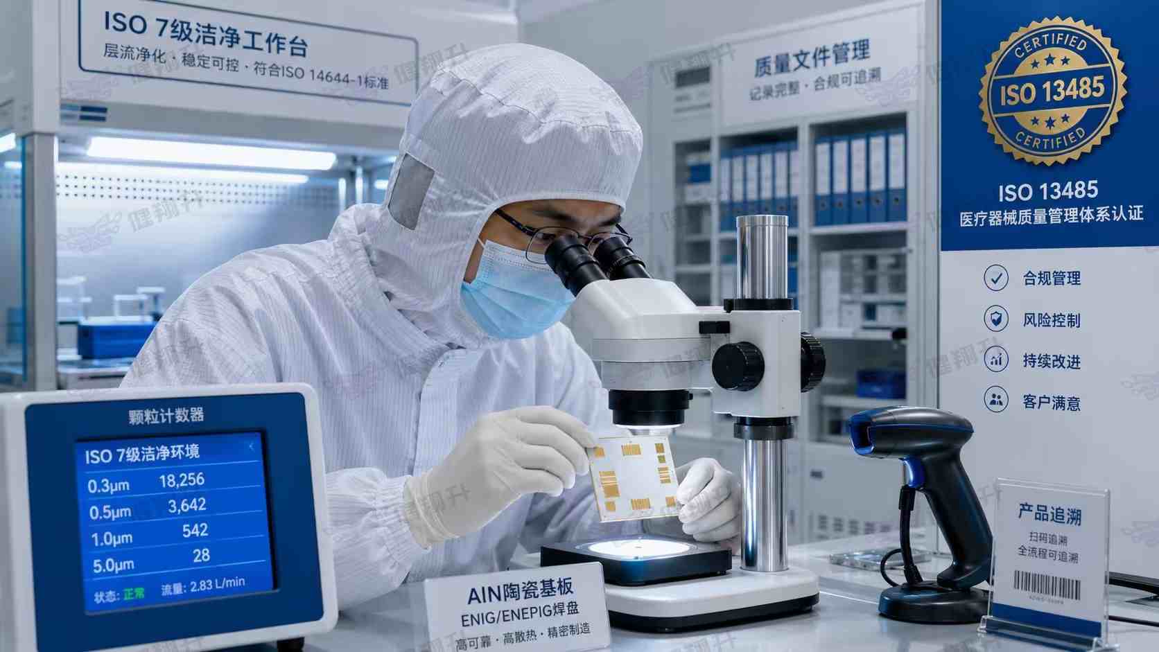 ISO13485认证医疗洁净室中AlN陶瓷基板检测场景图
