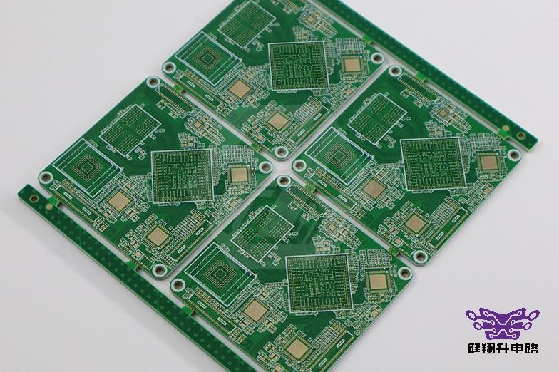 10层3阶HDI PCB面板级实物图：4联板拼版展示，密集BGA焊盘+微小盲孔阵列+精细线路，体现3阶HDI的高密度互连工艺